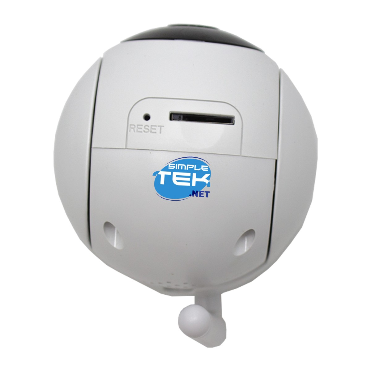 Telecamera di sicurezza sferica bianca con pulsante di reset, slot per scheda SD e logo blu Simpletek.net.