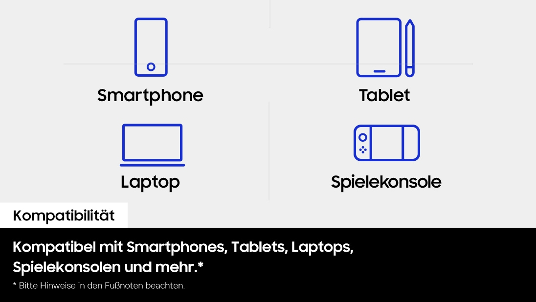 Icons zeigen Kompatibilität mit Smartphones, Tablets, Laptops und Spielekonsolen vor weiß-schwarzem Hintergrund.