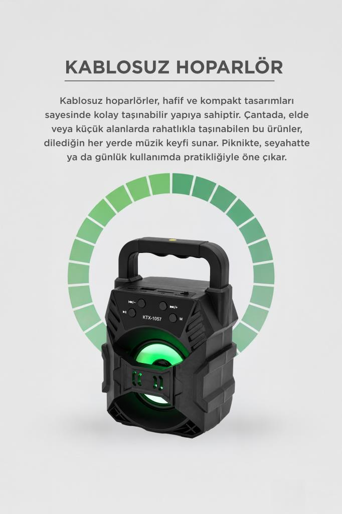 Yeşil ışıklı ve tutma saplı taşınabilir siyah hoparlör, Türkçe açıklamalarla çevrili.