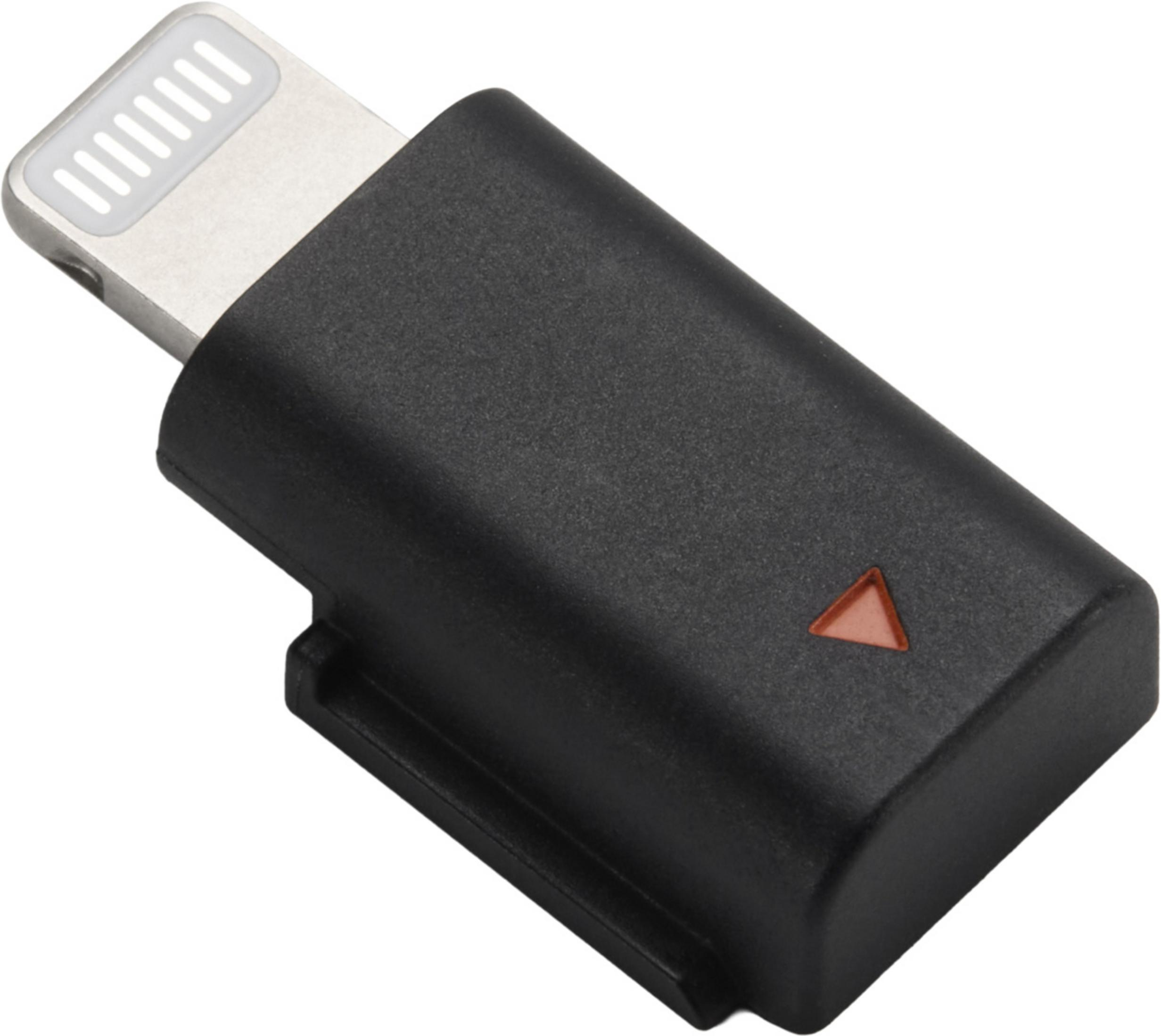 Mały czarny adapter USB ze srebrnym złączem Lightning i małym czerwonym trójkątem.
