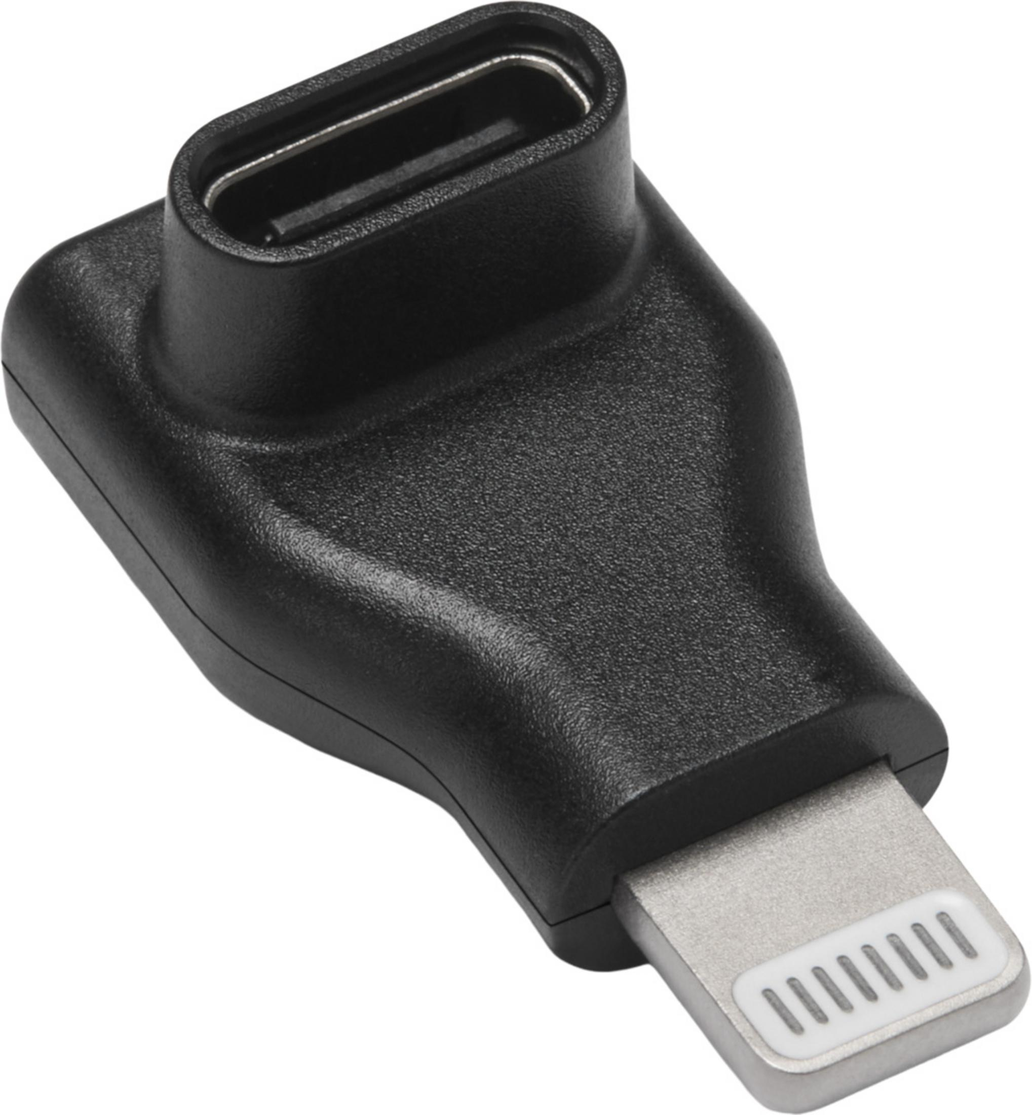 Czarny adapter USB-C na Lightning na białym tle.