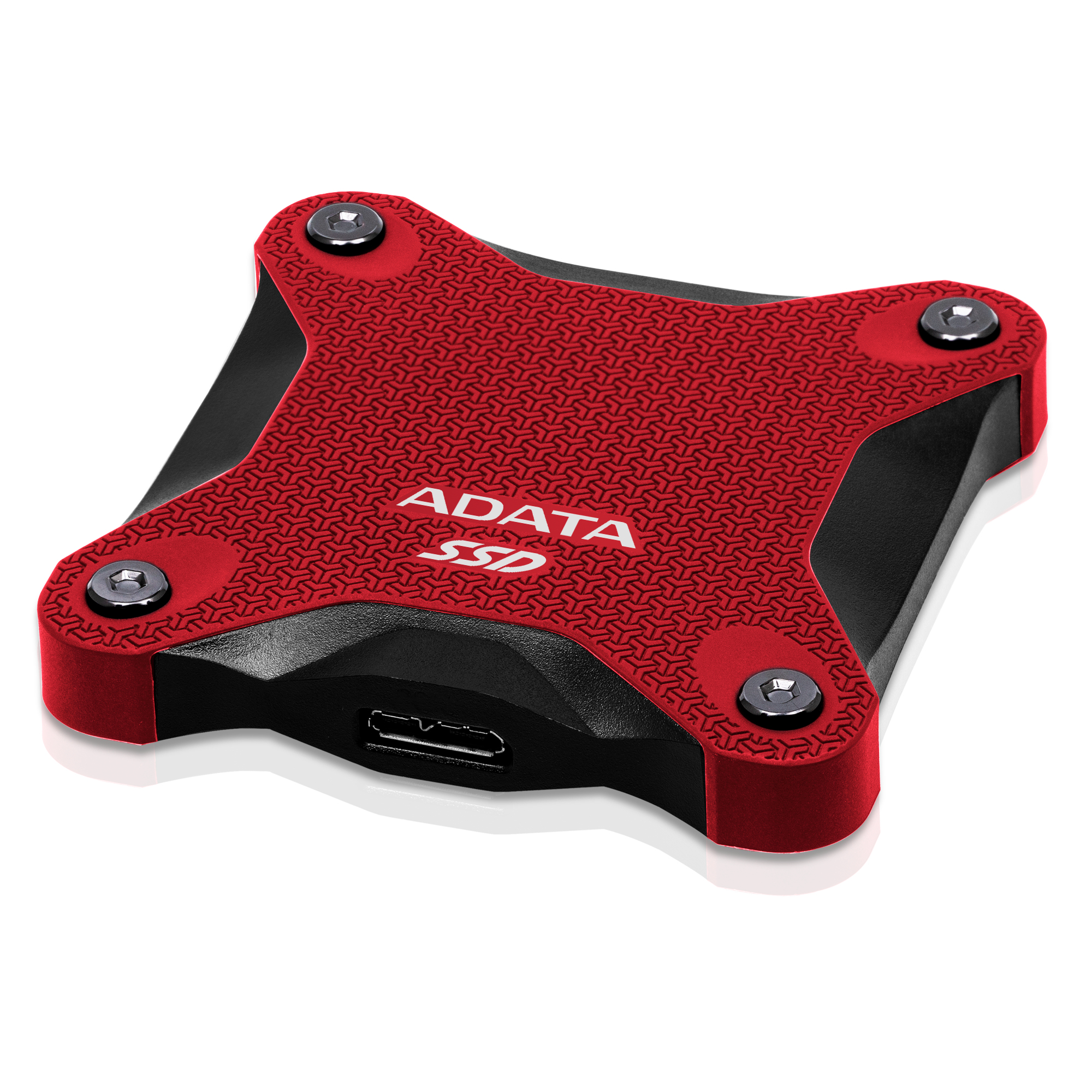 Kompaktowy, czerwono-czarny dysk SSD ADATA z czterema śrubami i portem USB-C.