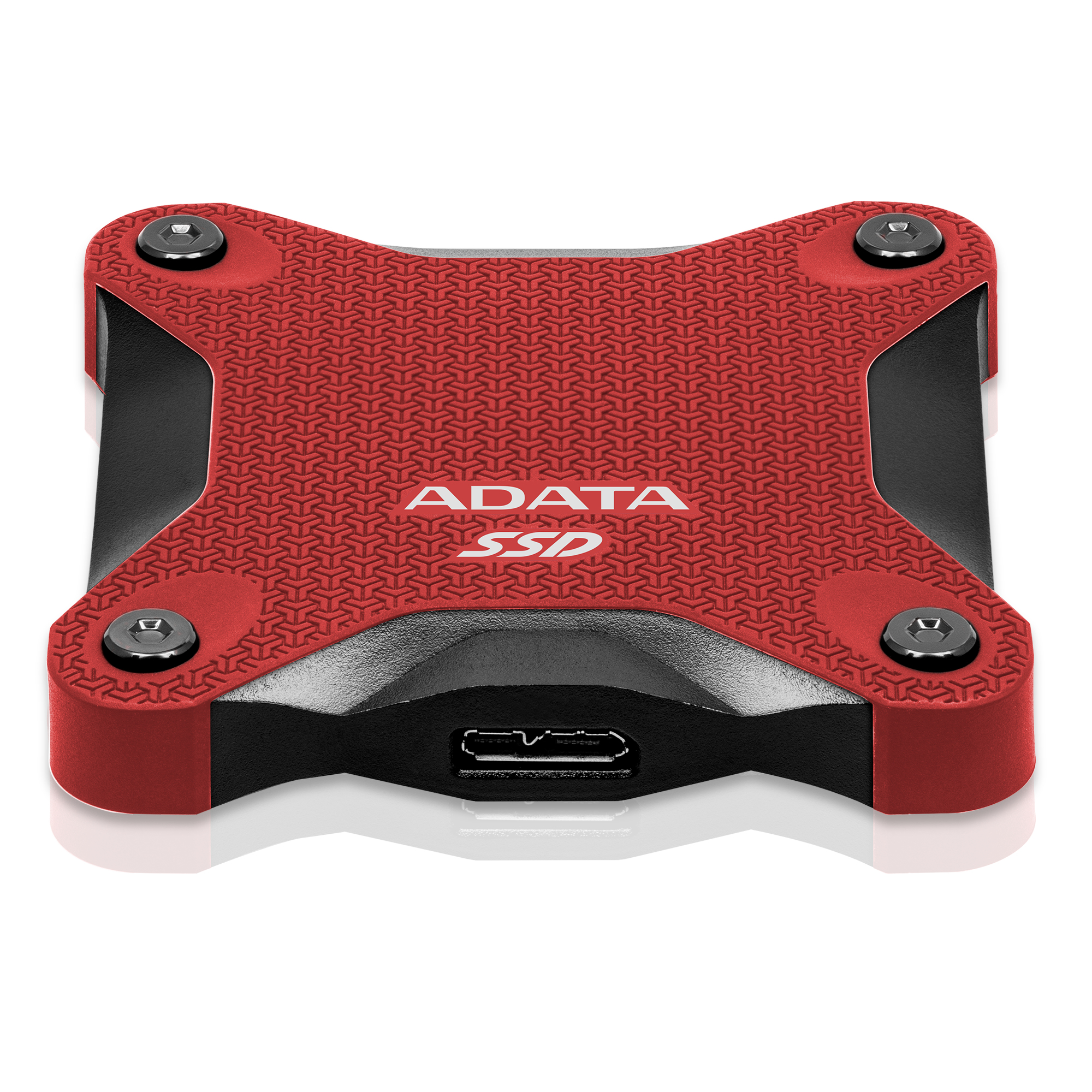 Czerwony dysk SSD ADATA z czarną ramką, czterema śrubami w rogach i portem USB-C z przodu na białym tle.