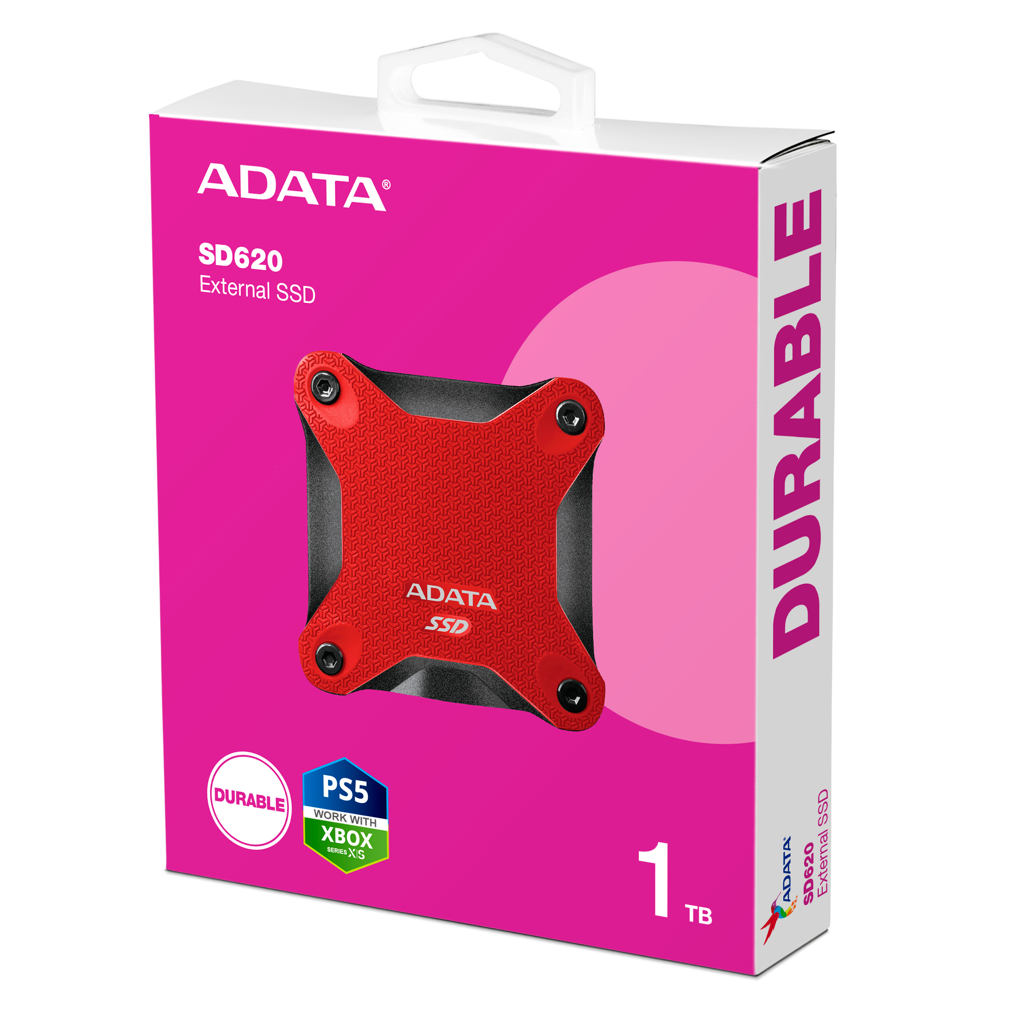 Różowe opakowanie zewnętrznego dysku SSD ADATA SD620 1 TB z czerwonym urządzeniem i kompatybilnością z konsolą.