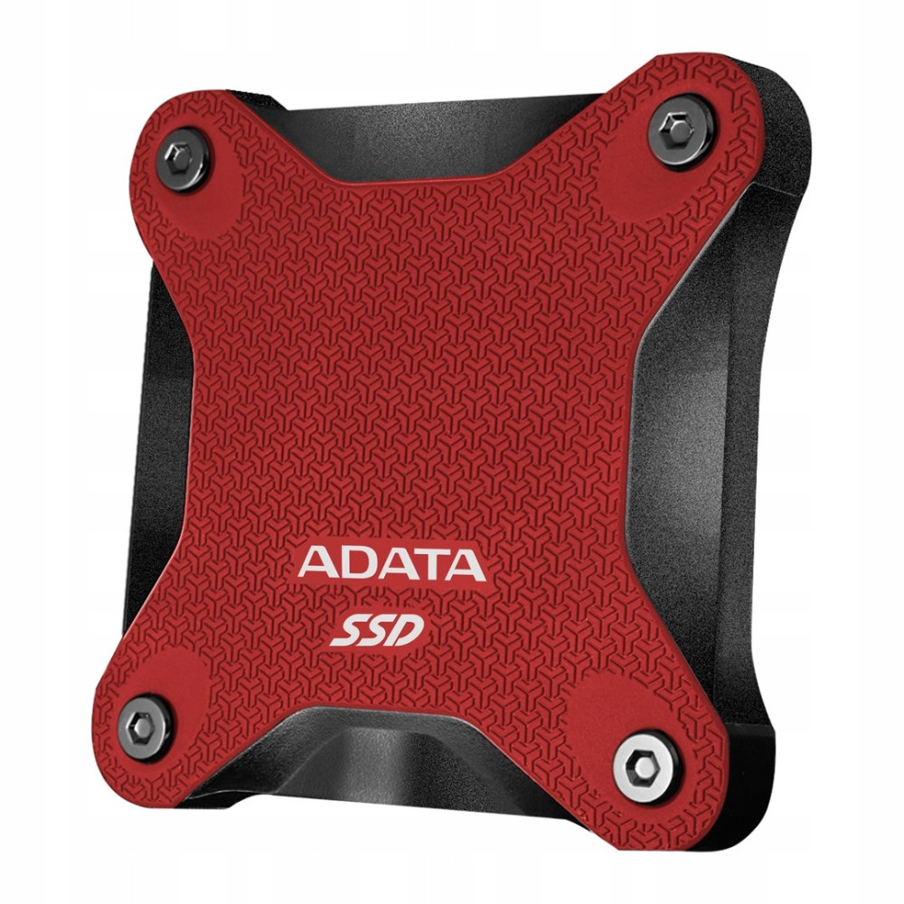 Czarno-czerwony radiator SSD ADATA z wzorzystą powierzchnią i czterema śrubami.