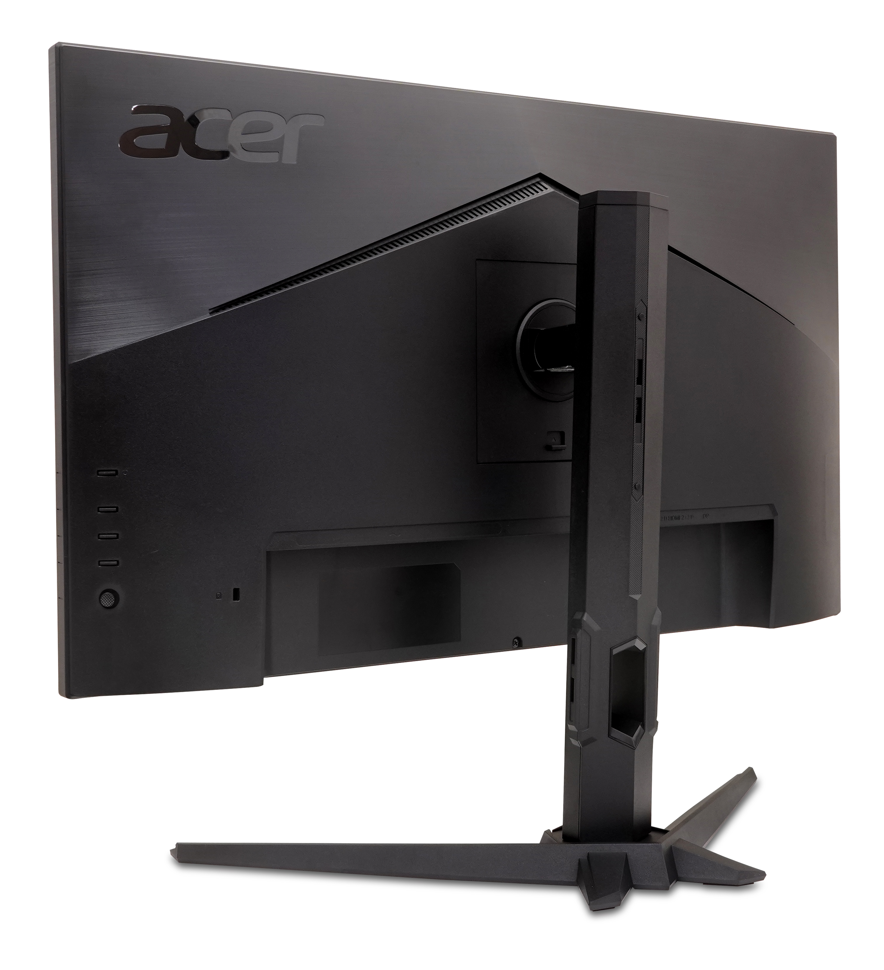 Beyaz arka planda standlı siyah bir Acer bilgisayar monitörünün arkadan görünümü.