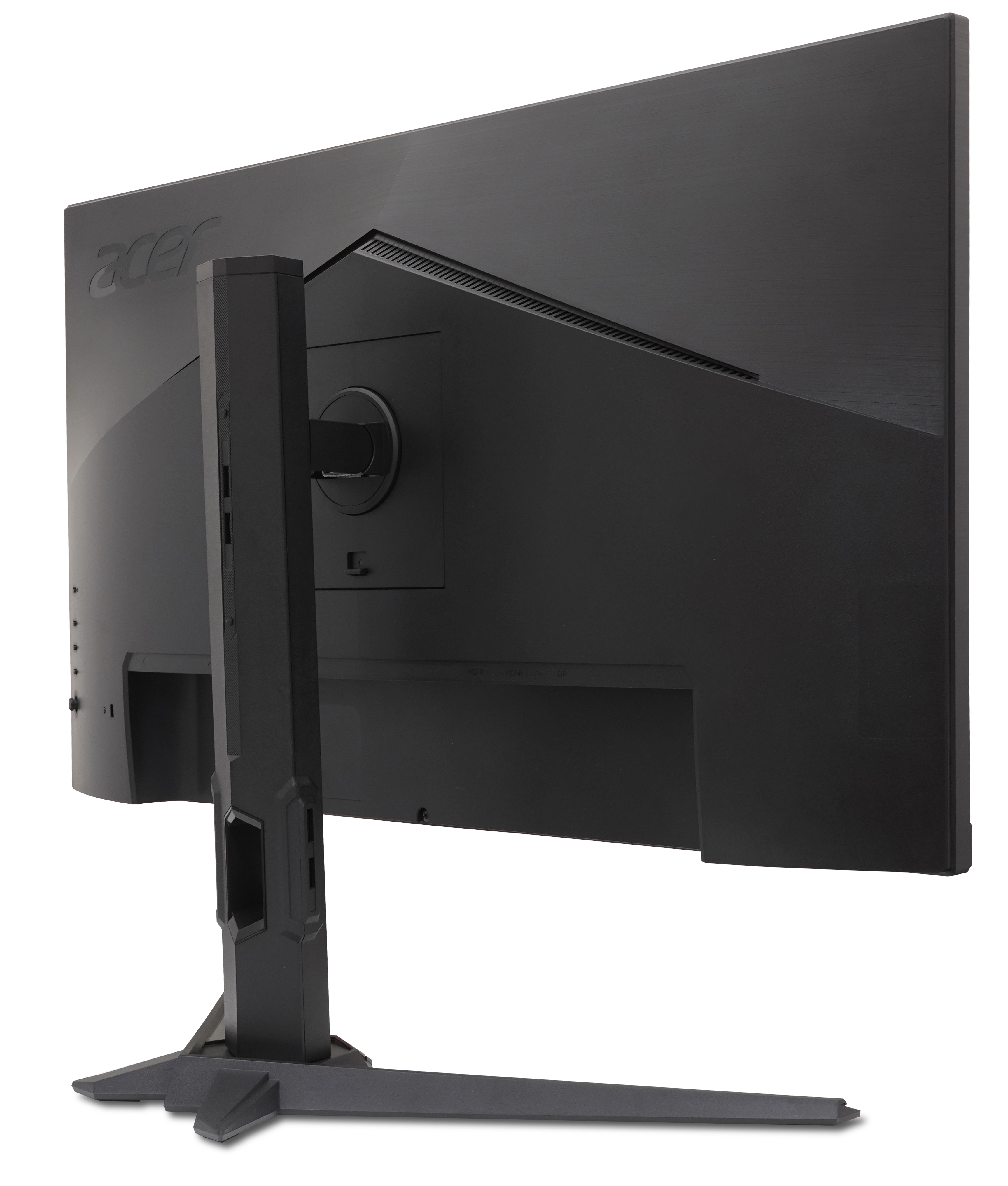 Beyaz arka planda standlı siyah bir Acer monitörün arkası.