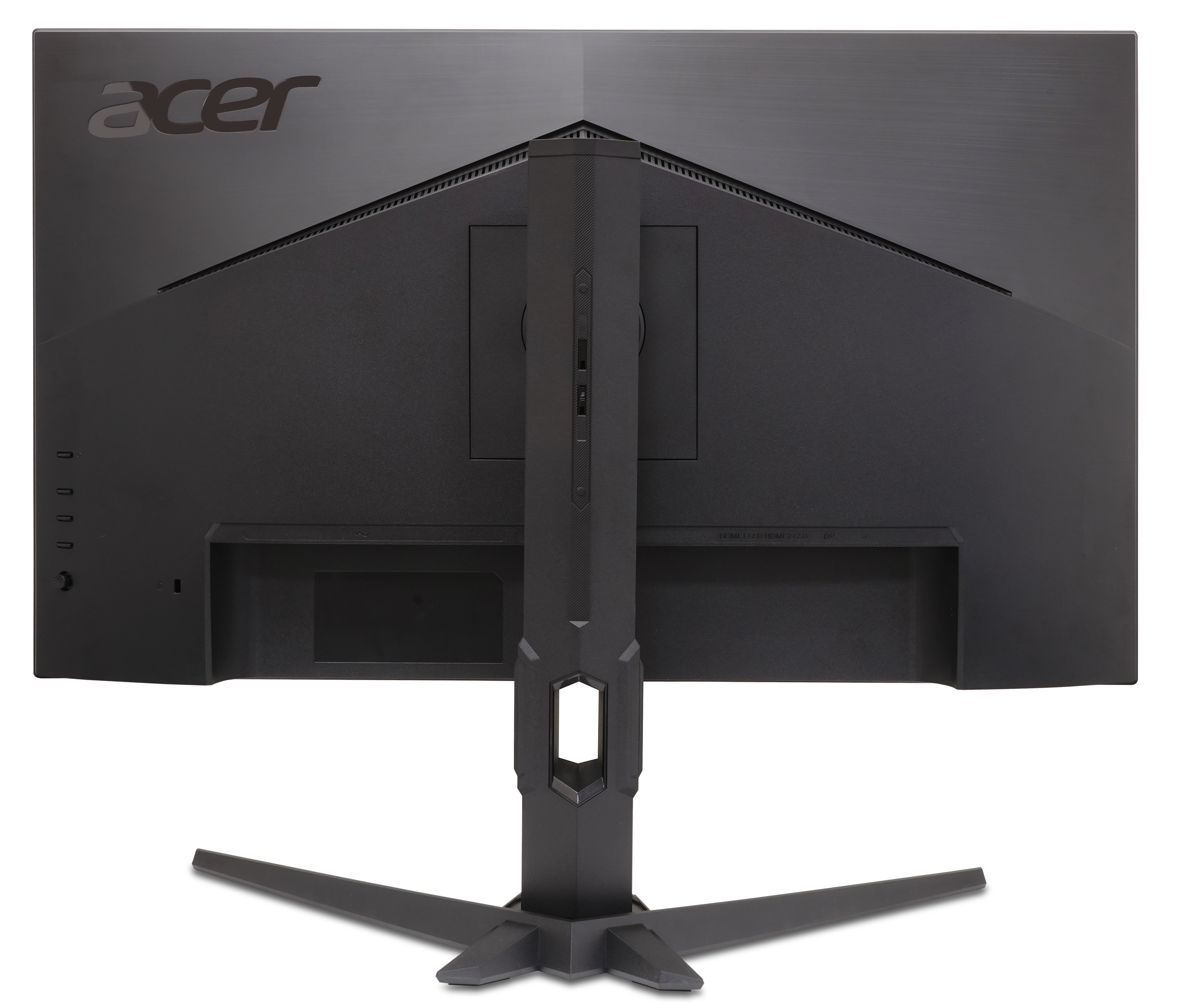 Stantlı, bağlantı noktalı ve sol üstte Acer logolu siyah bir Acer monitörün arkası.