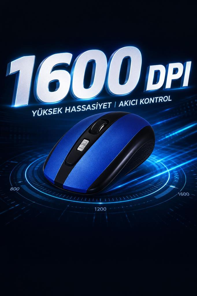 Mavi arkaplan üzerinde 1600 DPI yazılı mavi kablosuz fare.