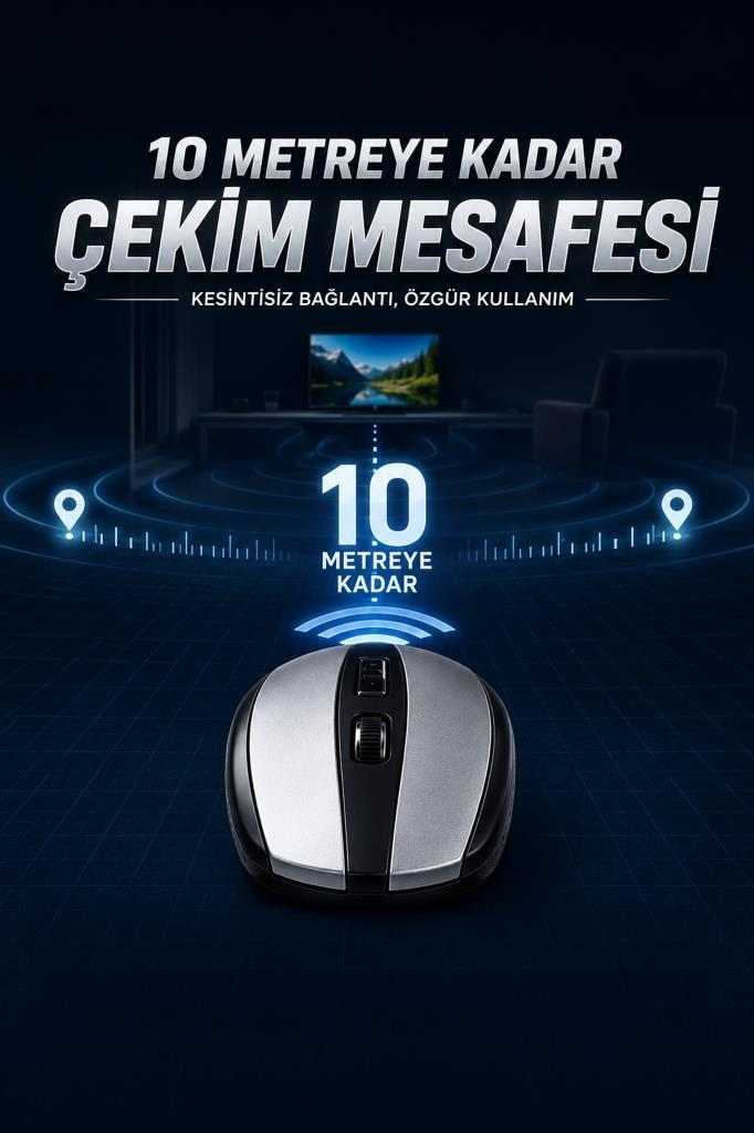 Koyu arka plan üzerinde 10 metre çekim mesafesi ve mavi detaylar olan kablosuz bir fare gösterilmektedir.