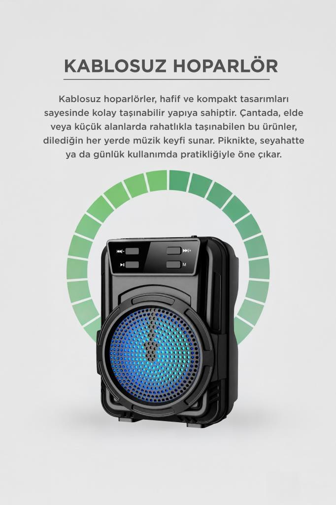 Gri arka planda mavi LED isikli ve metinli siyah kablosuz hoparlor.