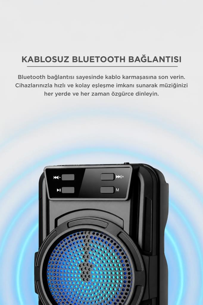 Kontrol düğmeleri ve mavi arka plan ışıklı ızgarası olan siyah kablosuz Bluetooth hoparlör.