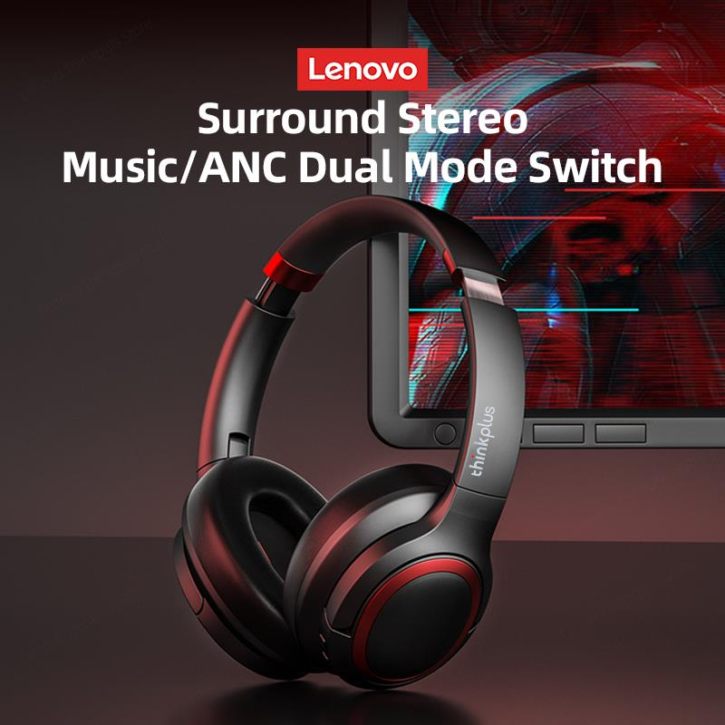 Kırmızı detaylı Lenovo thinkplus kulak üstü kulaklık, koyu arka plan üzerinde.