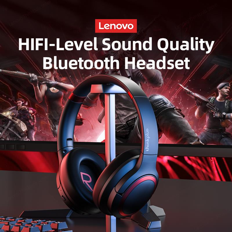 Oyun arka planına sahip stand üzerinde Lenovo Bluetooth kulaklık, kırmızı ve mavi tasarım.