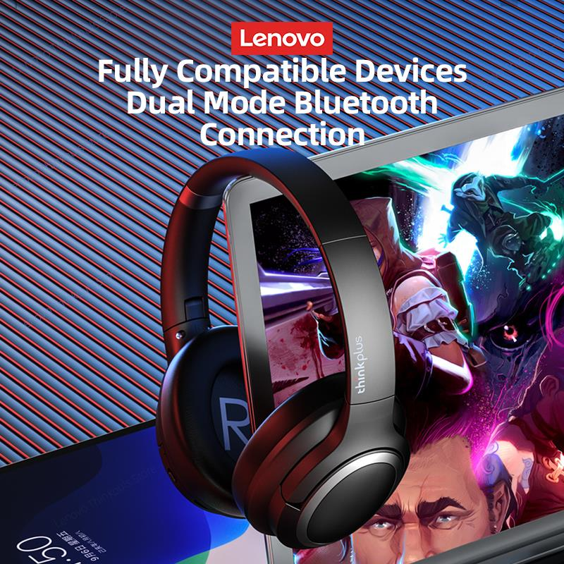 Oyun grafikleri ve Bluetooth bağlantı metni gösteren bir ekranın önünde siyah Lenovo Thinkplus kulaklık.