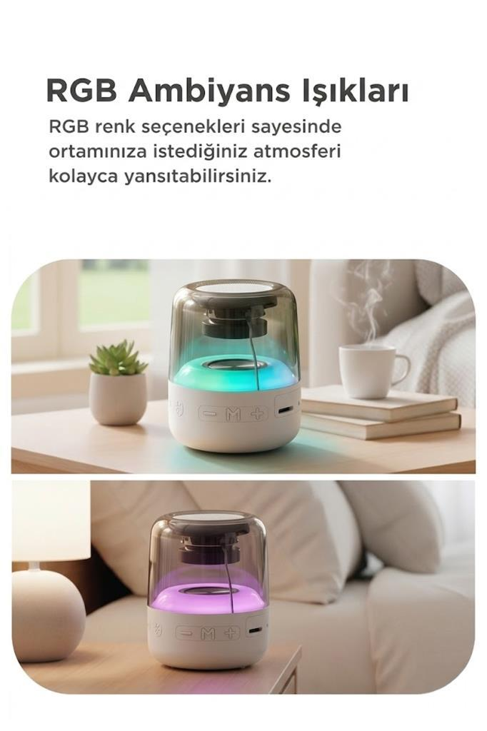 Ahşap masada bitki, kitaplar ve buharlı kupa ile RGB ortam hoparlörü.