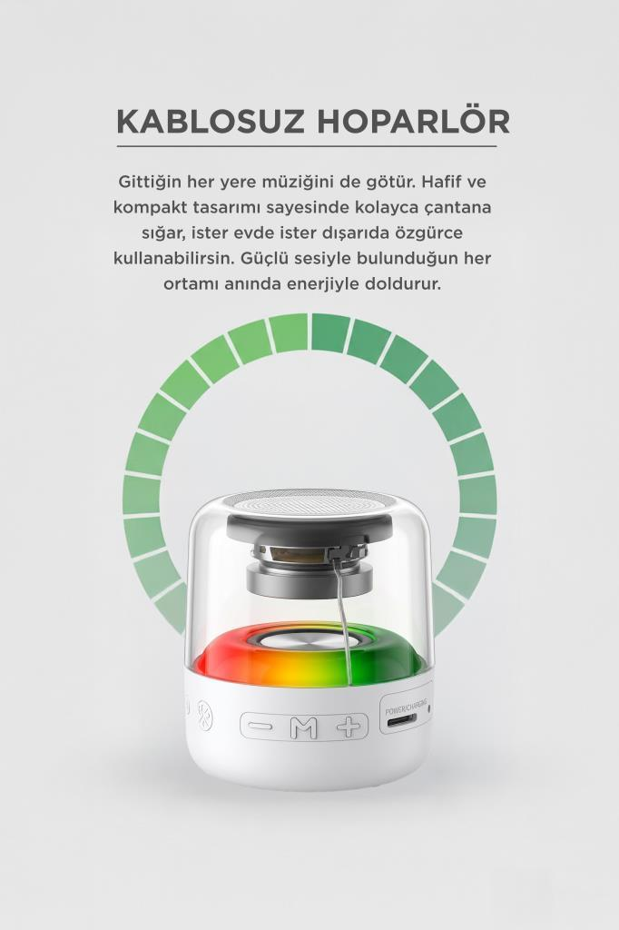 Renkli LED ışıklı, şeffaf gövdeli ve Türkçe tanıtım yazılı taşınabilir kablosuz hoparlör.