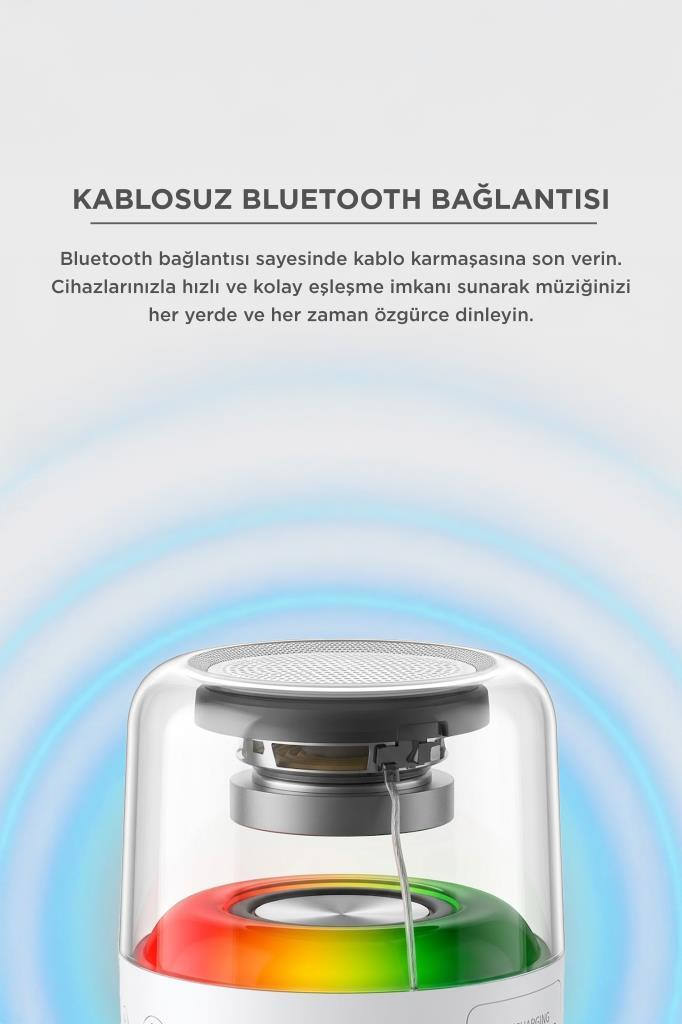 Çok renkli aydınlatmaya sahip şeffaf bir Bluetooth hoparlör ve kablosuz bağlantı hakkında metin.