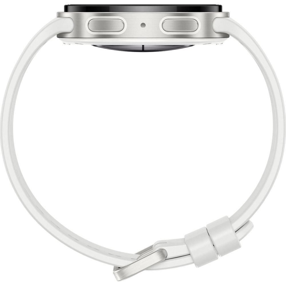 Eine silberne Smartwatch mit weißem Silikonarmband, von der Seite mit sichtbaren Knöpfen.