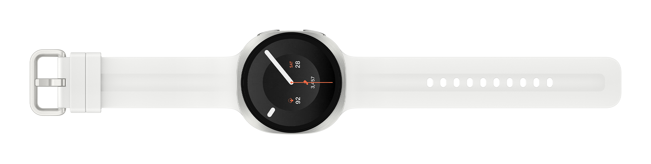 Eine silberne Smartwatch mit rundem schwarzen Zifferblatt und weißem Silikonarmband auf weißem Hintergrund.