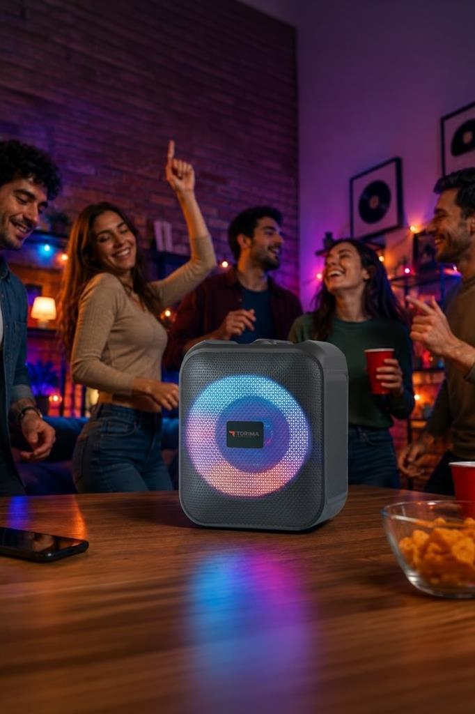 Arka planda arkadaşların eğlendiği sırada masada ışıklı bir Bluetooth hoparlör duruyor.