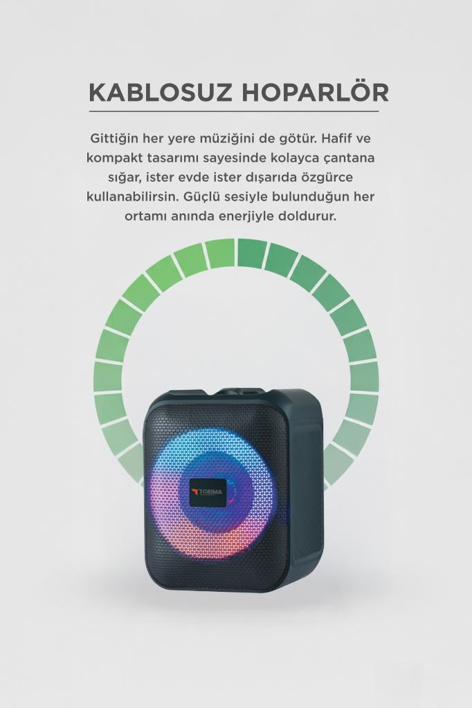 Gri arka planda renkli LED ışığa sahip taşınabilir kablosuz hoparlör ve Türkçe metin.