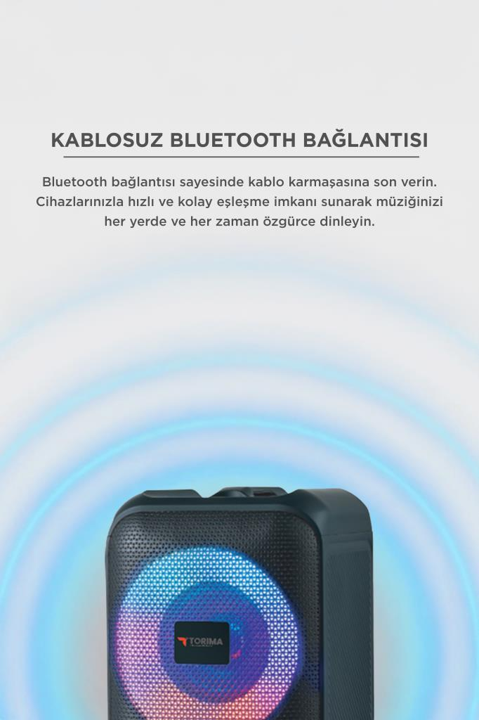 Kablosuz Bluetooth bağlantısı yazısı altında mavi ve kırmızı ışıklı Torima hoparlör.