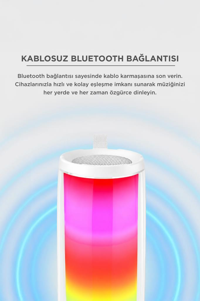 Üstünde metin bulunan, çok renkli RGB aydınlatmalı beyaz bir Bluetooth hoparlör.
