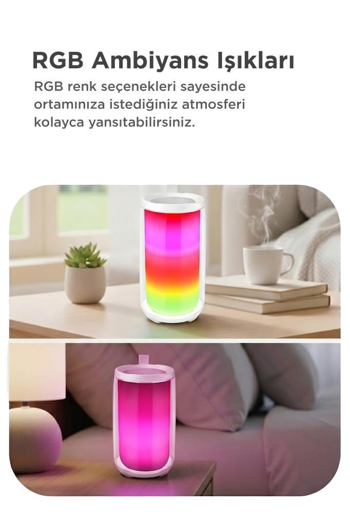 Canlı RGB aydınlatmaya sahip silindirik bir cihaz, iki iç mekanda ahşap yüzeyler üzerinde duruyor.
