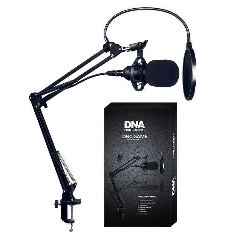 Ein schwarzes DNA Professional DNC Game Mikrofonset mit Scherenarm, Windschutz und Pop-Filter auf weißem Grund.