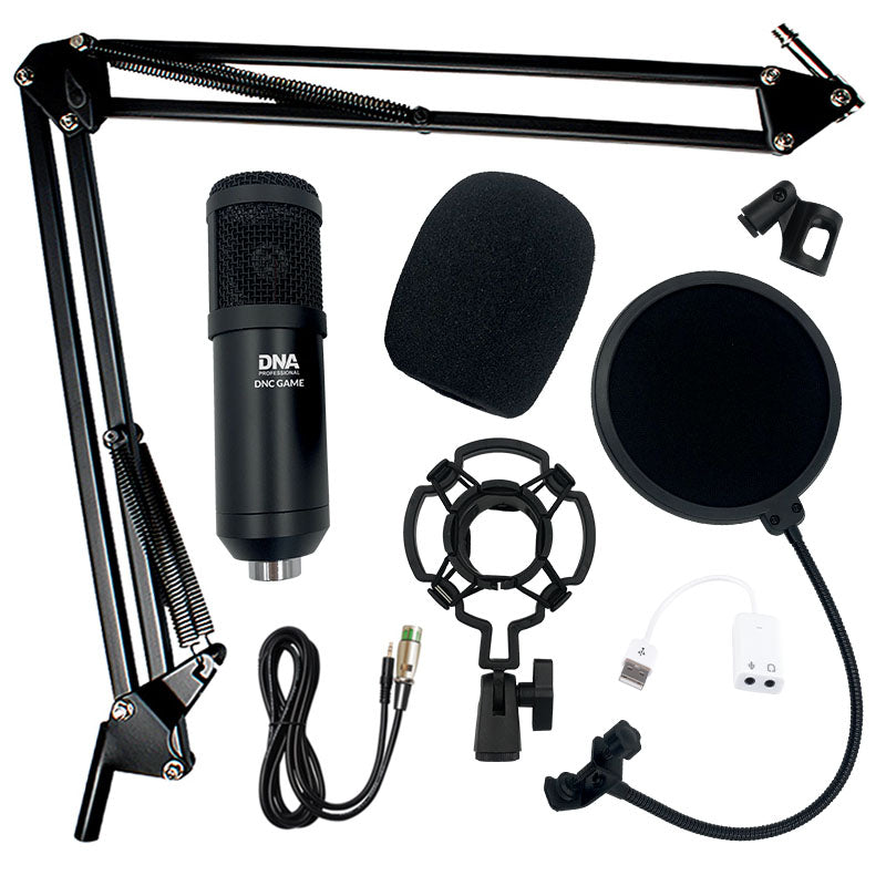 Schwarzes Mikrofon-Set mit Arm, Schaumstoffschutz, Spinne, Pop-Schutz und Kabeln auf weißem Hintergrund.