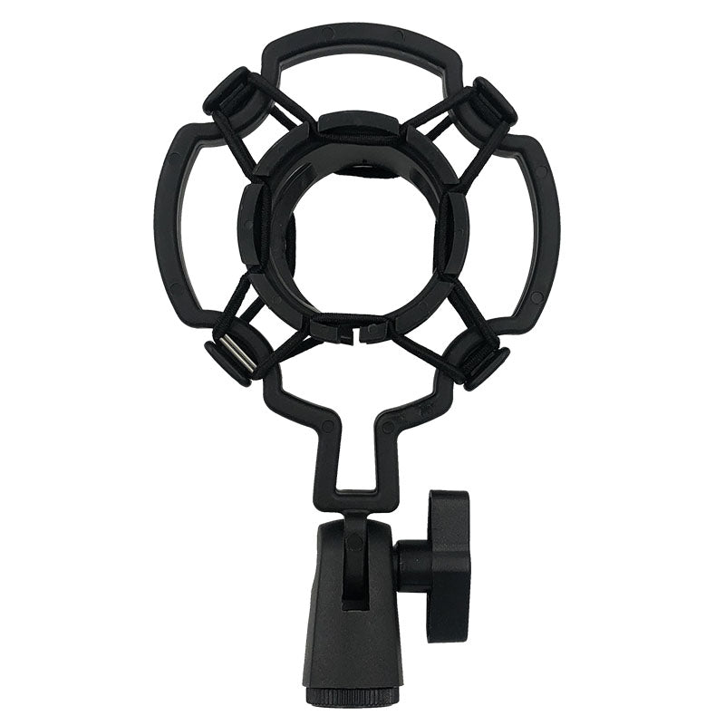 Schwarze Mikrofon-Spinnenhalterung mit elastischen Bändern und Drehknopf auf weißem Hintergrund.