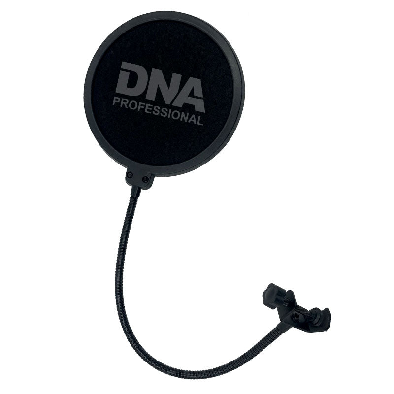 Schwarzer DNA Professional Mikrofon-Popschutz mit Schwanenhals und Klemme vor weißem Hintergrund.