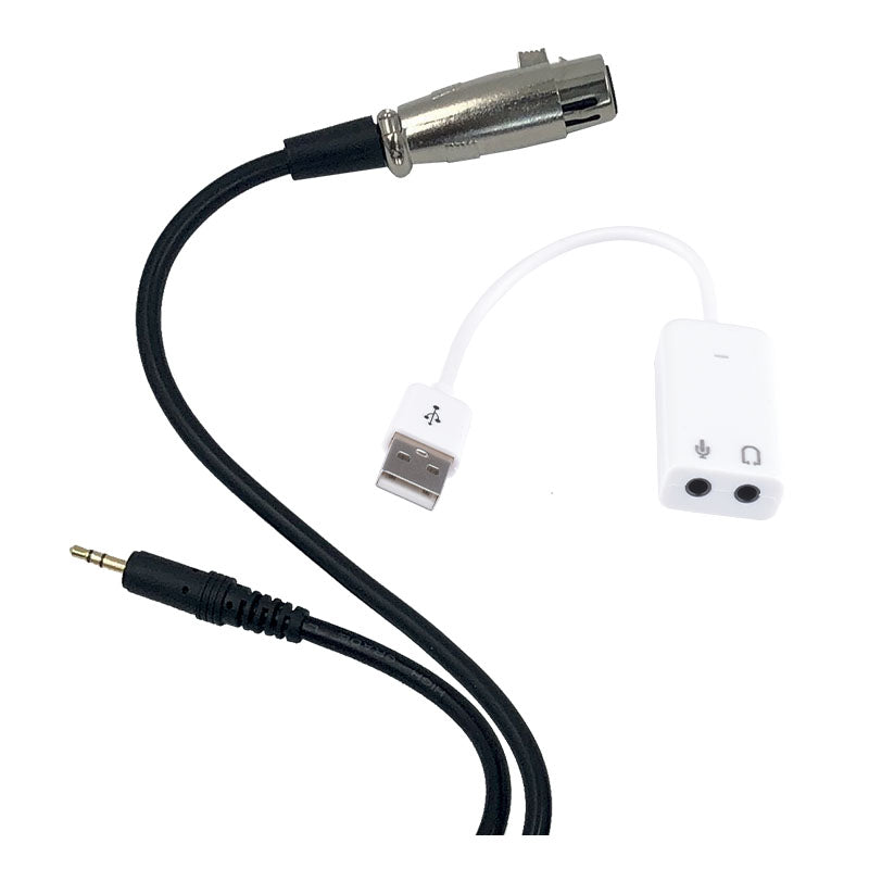 Ein schwarzes Audiokabel mit XLR-Stecker und 3,5-mm-Klinke neben einem weißen USB-zu-Audio-Adapter auf weißem Grund.
