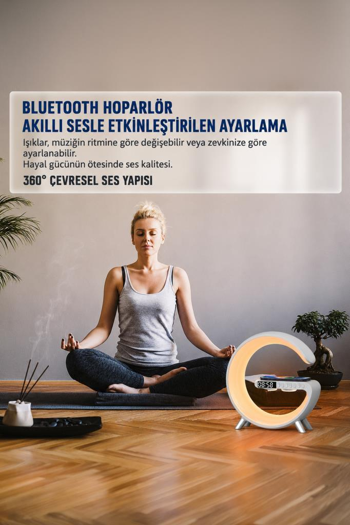 Bir kadın ahşap zeminde aydınlatmalı hilal lamba yanında mat üzerinde meditasyon yapıyor.