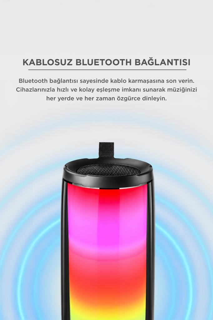 Beyaz arka planda LED aydınlatmalı silindirik Bluetooth hoparlör ve üstünde metin.