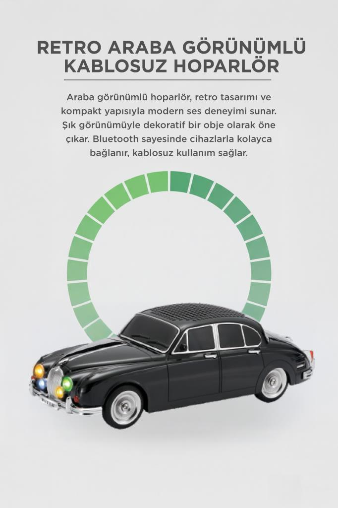 Beyaz arka planda metin ve yeşil kemerli siyah retro araba hoparlör.