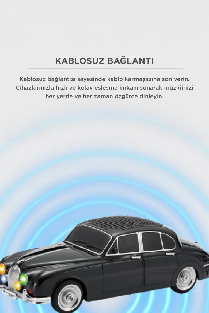 Kablosuz bağlantıya sahip siyah bir klasik oyuncak araba, metin içeren mavi bir arka planın önünde duruyor.