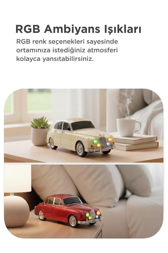 Renkli ışıklara sahip krem ve kırmızı klasik araba görselleri ile metin içeren ürün reklamı.