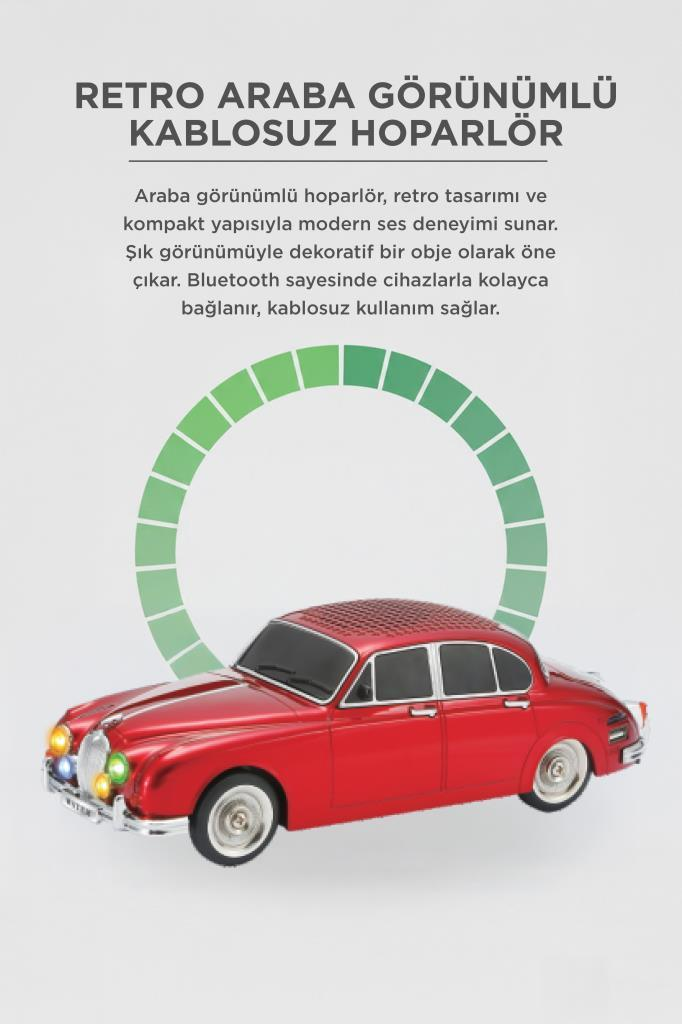 Yeşil yaylı beyaz arka plan üzerinde kırmızı retro araba şeklinde Bluetooth hoparlör.