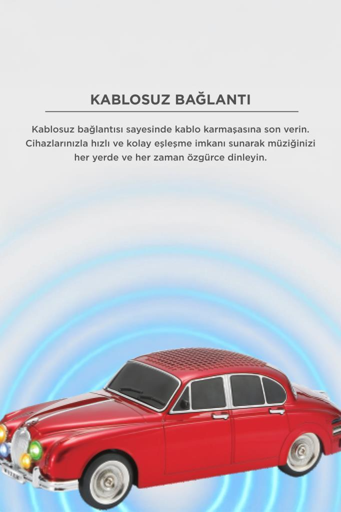 Mavi arka plan üzerinde kablosuz bağlantı yazılı, araba şeklinde parlak kırmızı hoparlör.