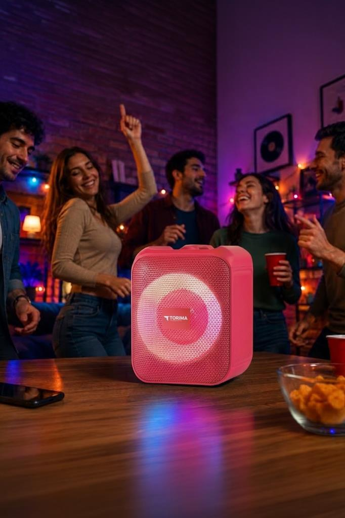 Ahşap bir masa üzerinde parlayan halkalı pembe bir Torima hoparlör, arka planda dans eden beş genç insan.