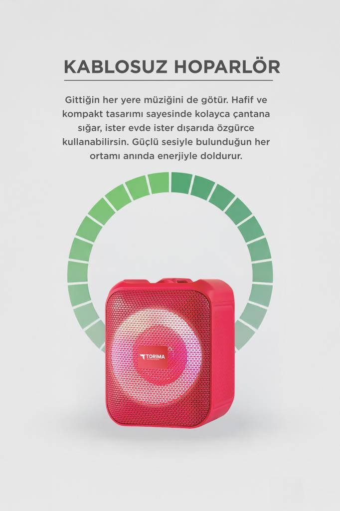Yesil yay grafigi ve Turkce metin onunde dairesel LED aydinlatmali kirmizi kablosuz Torima hoparlor.