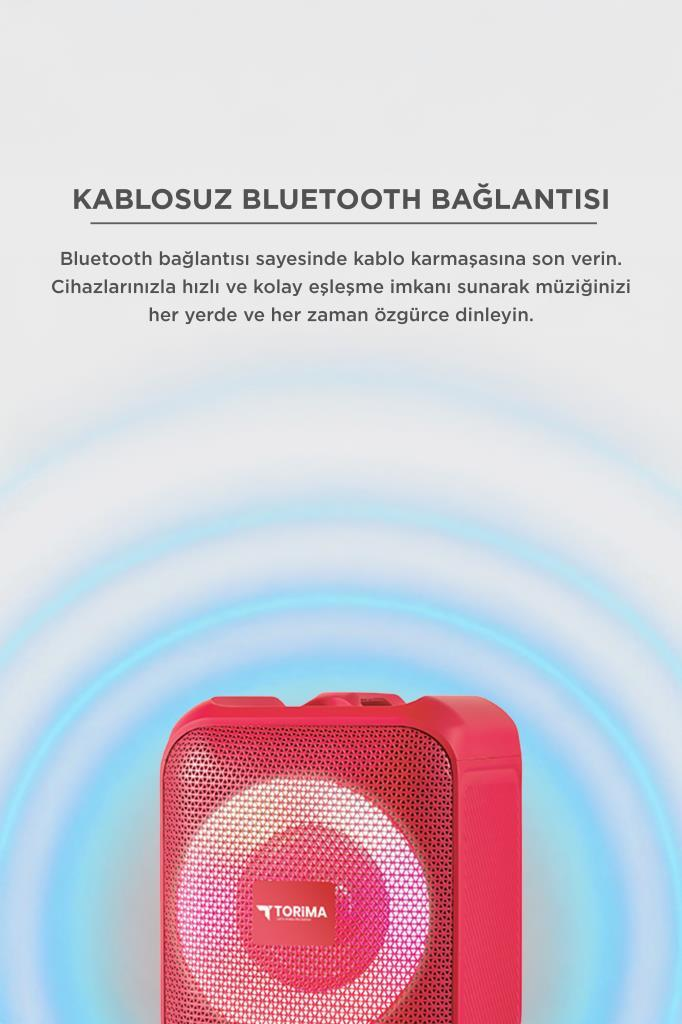 Beyaz arka plan üzerinde mavi radyo dalgaları ve Türkçe tanıtım metni olan kırmızı Bluetooth hoparlör.