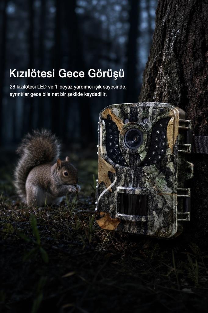 Karanlık bir ormanda ağaca bağlı kamuflajlı bir av kamerası ve yerde yemek yiyen küçük bir sincap.
