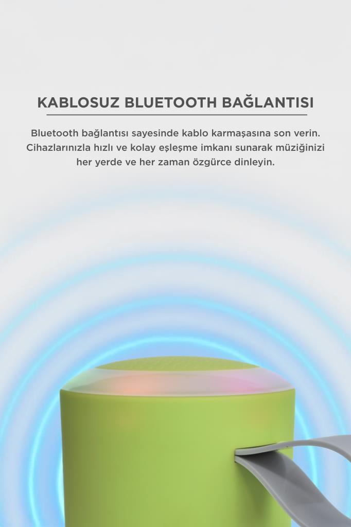 Beyaz arkaplan üzerinde mavi ses dalgaları ve Türkçe tanıtım metni olan açık yeşil bir Bluetooth hoparlör.