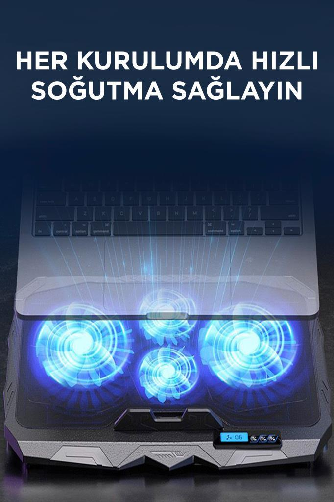 Dört mavi yanan fana sahip soğutucu üzerinde bir dizüstü bilgisayar.