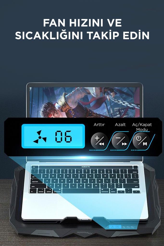 Siyah soğutucu stant üzerinde laptop, fan hızı ve kontrol düğmeleri için dijital ekranlı.