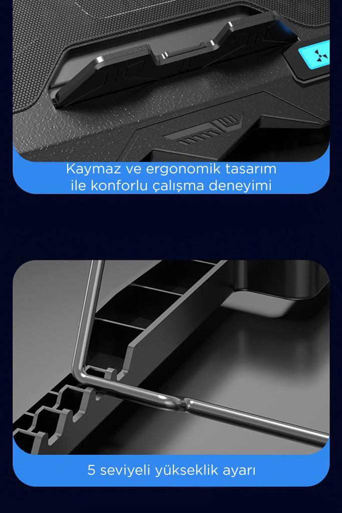 Ergonomik tasarımlı ve 5 kademeli yükseklik ayarına sahip siyah laptop soğutucu stant.