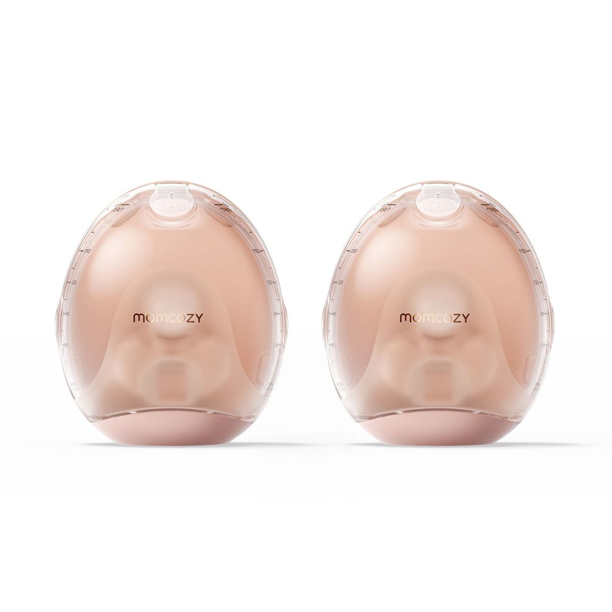 Zwei rosa tragbare Milchpumpen von Momcozy nebeneinander vor weißem Hintergrund.